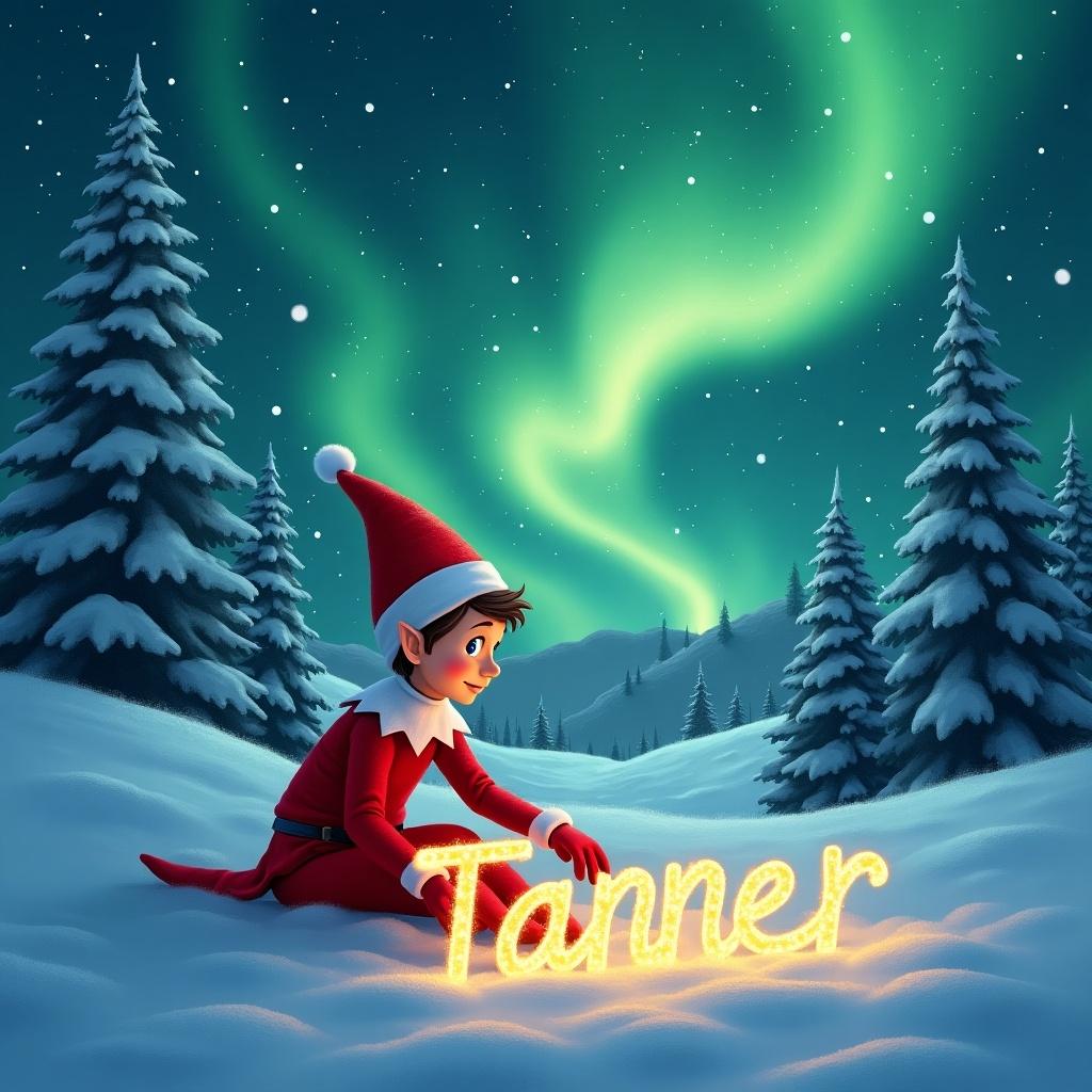 A snowy landscape features an elf in red. The elf focuses on writing 'Tanner' in glowing letters. Snow-capped evergreen trees surround the elf. Magical northern lights illuminate the scene with a green hue. The illustration highlights the joy of Christmas traditions.