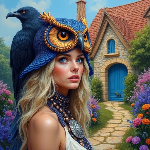 Impasto oil painting style. Woman with light skin and blue eyes in front of a stone cottage. Lush greenery and vibrant flowers surround the scene. Thick, textured brushstrokes create depth. Color palette includes vibrant blues, purples, oranges, softer yellows and greens. Soft, diffused lighting. Long, wavy blonde hair adorned with dark metallic beads. Elaborate owl-headed helmet in vibrant blues and metallic oranges. Large black bird visible with extended wing. Woman wears a high collar of dark blue feathers and dark cord necklace.