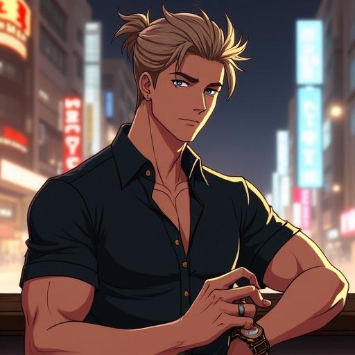 Anime character set in a futuristic bar. Young man, 28 years old, with silver eyes and a handsome face. Short light brown spiky hair, spiky ponytail. Wearing an expensive polo shirt. Calm demeanor. Bar interior with modern design and neon lights. Represents a quarter Brazilian and French heritage, and a quarter Japanese culture.