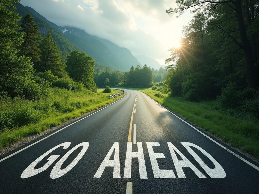 A winding road through a lush green landscape, with a hint of sunlight peeking through the clouds. The phrase 'GO AHEAD' is prominently displayed on the asphalt, inviting drivers to embark on their journey. As the road curves gently to the right, it symbolizes the beginning of a victorious adventure. Surrounding trees and distant mountains add a sense of tranquility and promise. The atmosphere is filled with anticipation and hope for what's ahead.