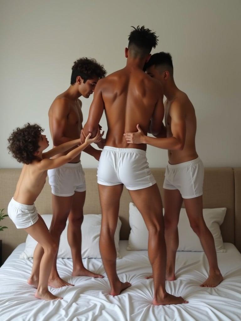 Five Brazilian boys engaging in playful activities on a bed. They are wearing soft white boxer shorts. The scene conveys friendship and youthful energy. The focus is on their strong legs and arms.