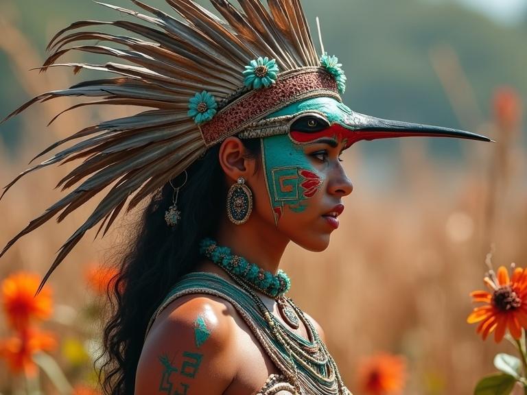 A female Maya warrior-messenger representing the hummingbird. Painted with geometric patterns. Headdress of layered feathers. Wears cloth for agility. Surrounded by flowers and glyphs in a battlefield.