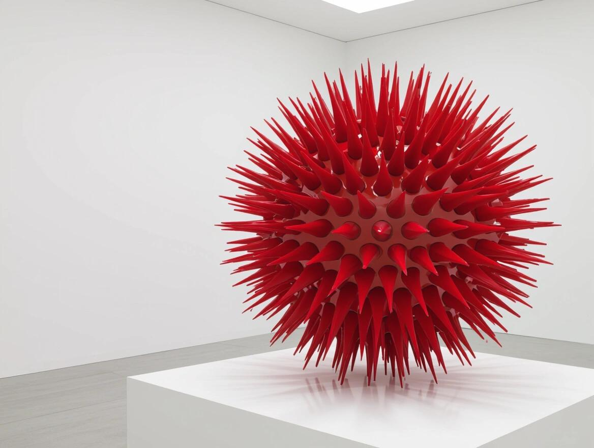 Vibrant red spherical sculpture with spikes. Spikes extend outward creating a sunburst effect. Background is a white wall. No floor visible.