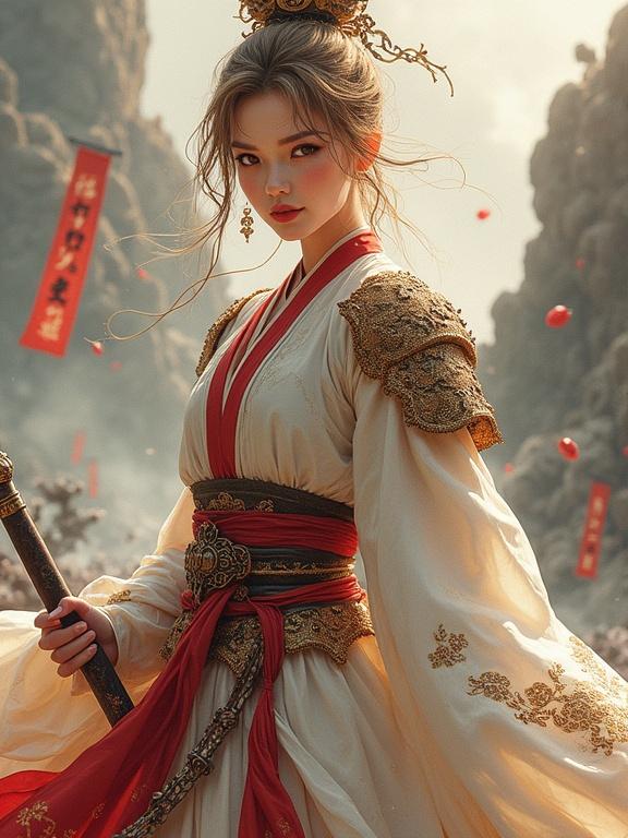 Ultra-detailed portrait of a female warlord in Han dynasty armor. She wears a white dress with a crimson silk underrobe. The character holds a guqin-shaped sword. The background shows a misty mountain battlefield with burning war banners. The art style combines traditional Chinese ink textures with anime influences.