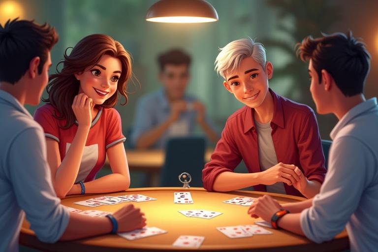 Lively 2D scene with diverse individuals playing rummy around a table. Cards only on the table. Characters show strategic gestures and expressions.