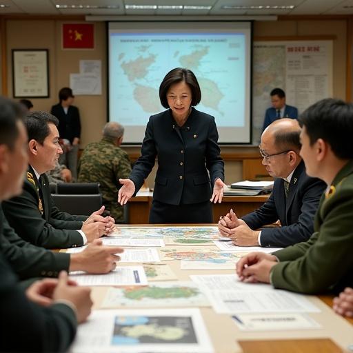 A stern-faced woman in formal attire gestures with her hands while speaking with military advisors in a defense command center. They are surrounded by maps and military documents, discussing recent exercises and plans.