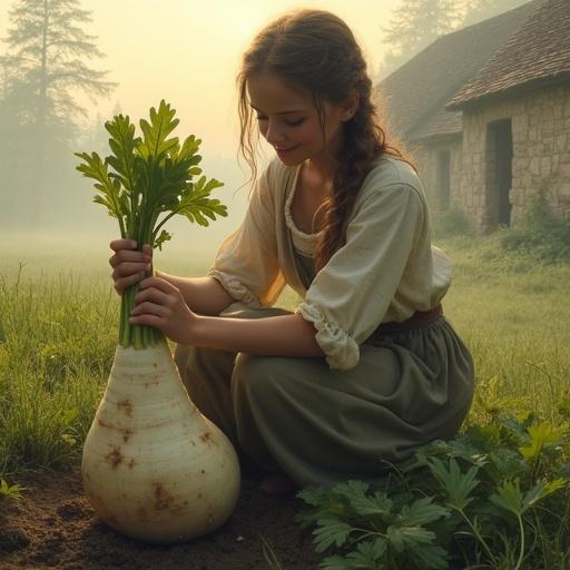 A modest village girl in a medieval countryside kneels in a misty morning field. Gently pulling a daikon radish from the soil. Radish has smooth white skin lightly dusted with earth. Green leaves are fresh and dewy. Girl wears a linen blouse and long skirt. She is focused, smiling softly. Behind her are stone cottages and a foggy forest touched by dawn light. The style is painterly with romantic medieval fantasy mood.
