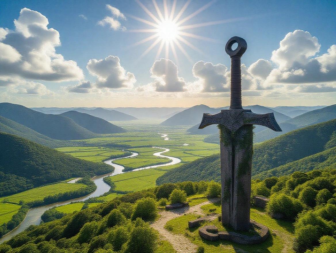 Aerial photo of a massive ancient sword structure in a green valley. Bright sun with fluffy clouds, rivers winding through the landscape. Distant mountains in blue fog. Sword overgrown with trees, creating contrast in scale.