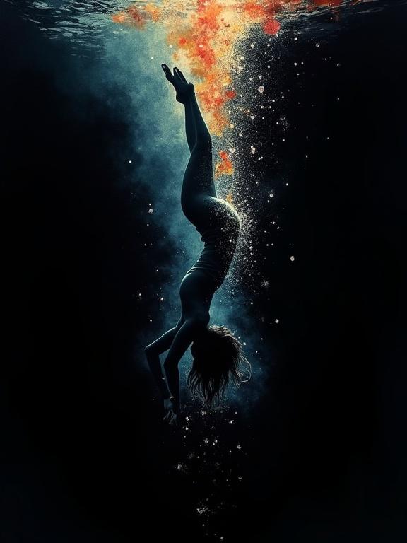 A low angle shot shows a serene woman falling through a dark ocean. She is upside down with her head first in graceful motion. Colorful bubbles surround her silhouette. An abstract background enhances the emotional depth and fluidity of the painting.