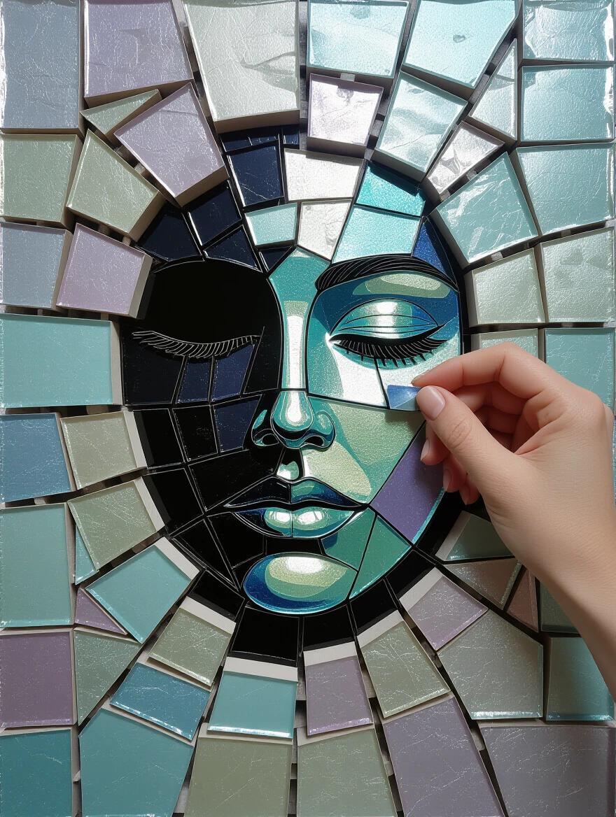 An iridescent ceramic tile and glass mosaic reflects light. A hand reaches through the design. The composition is abstract and ethereal. Features enchanting colors and intricate patterns. Art evokes emotions. Captivating mixed media piece.