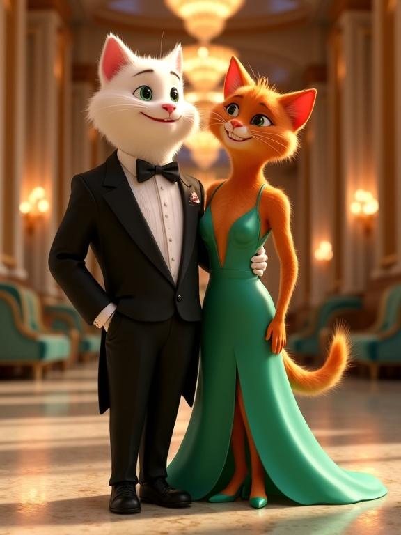 A heartwarming 3D animated scene with two anthropomorphic cats. The white cat wears a black tuxedo with a bow tie. The orange cat is in an emerald green gown. Both are smiling in a grand hotel setting with elegant décor. Glistening marble floors and sparkling chandeliers are in the background.