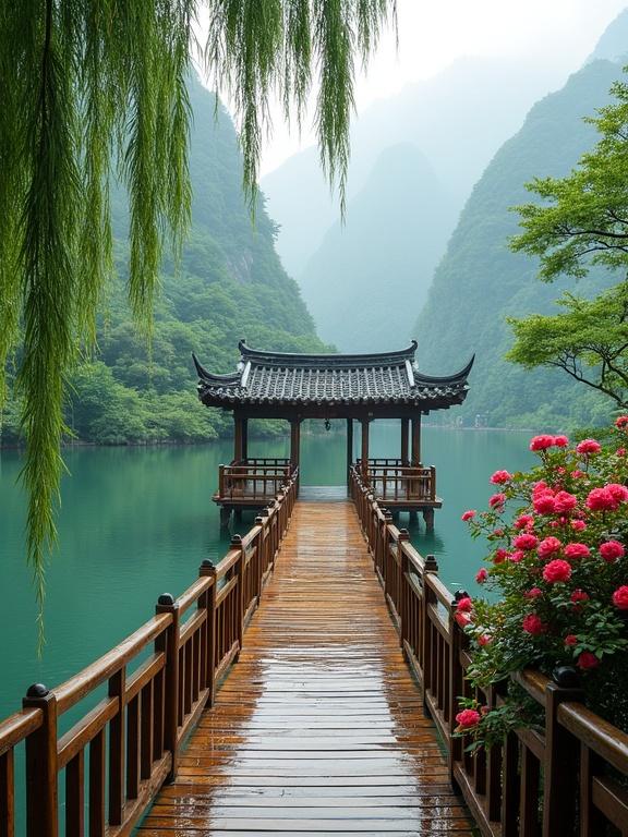 A serene and picturesque scene shows a wooden bridge leading to a traditional pavilion over water. Lush greenery surrounds the area with vibrant flowers. Misty mountains create a tranquil backdrop. The water reflects the surrounding nature.