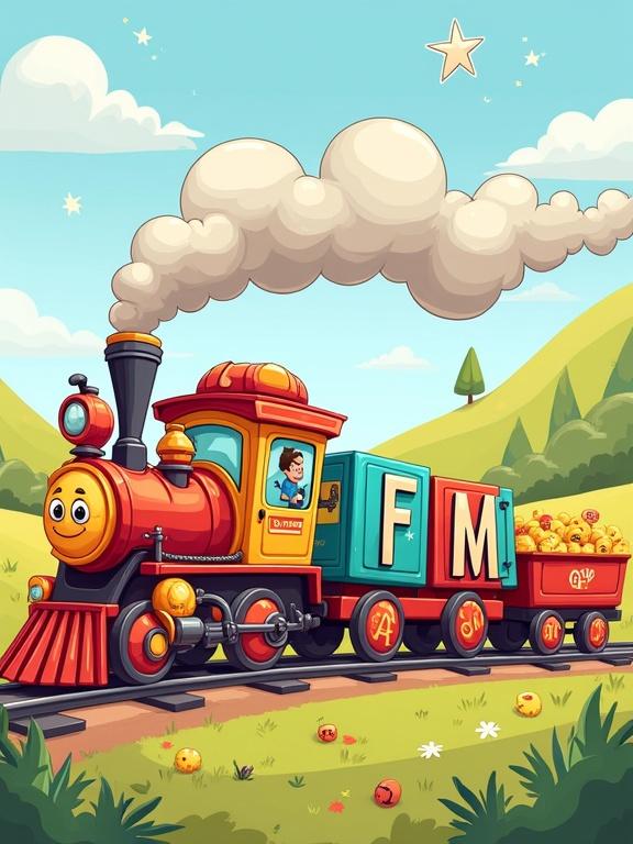 Vibrant cartoon illustration features a cheerful steam train pulling alphabet carriages. Each carriage is a bold 3D letter with cute faces. The locomotive has a friendly face with puffy smoke. A winding track goes through a school-themed landscape with doodle stars and notebook-paper tunnels.