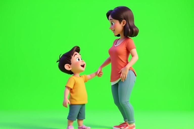 3D animation shows a child holding their mother’s hand while pointing at something. Mother smiles warmly. They stand on a bright green background. Child wears colorful clothes; mother in casual wear. Show front and right side views. Style is realistic or semi-realistic with even lighting.