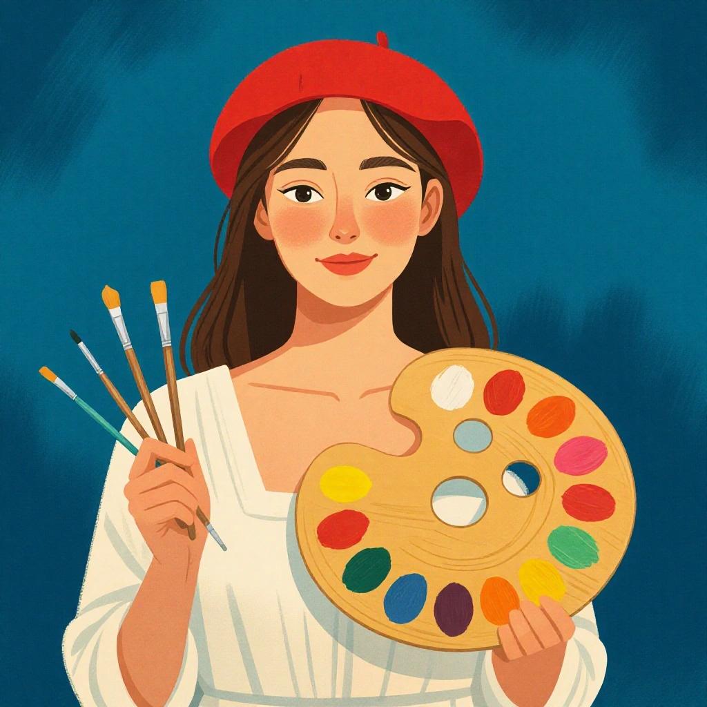 Portrait of a young woman. She holds a paint palette filled with colors. She wears a red beret and a white dress. Long dark hair. Looking at the camera with a smile. Several paintbrushes in her left hand. Background is deep blue. Overall mood is peaceful.