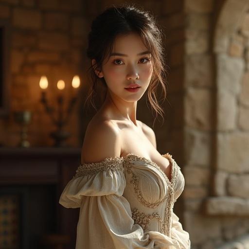 A stunning woman in a richly detailed medieval fantasy setting. Elegant attire enhances her hourglass figure. Calm and composed pose accentuates her grace. Soft lighting creates a warm atmosphere. Cozy stone cottage background adds to the ambiance. Chestnut brown hair styled gracefully. Porcelain-like skin with delicate freckles. Natural expression conveys confidence.