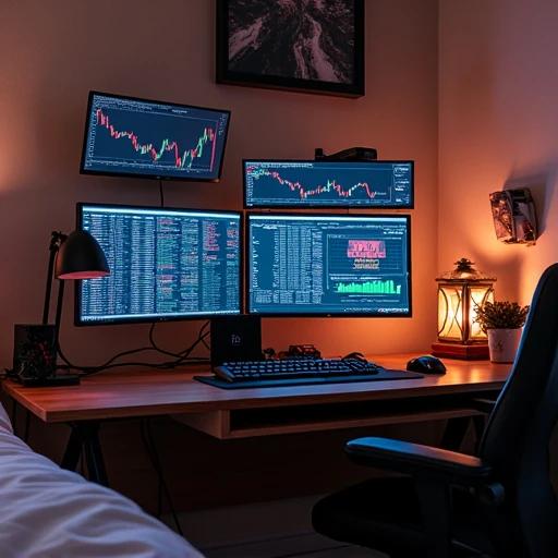 A bedroom setup designed for trading. A desk with multiple screens shows market graphs and data. A warm light illuminates the room, creating a cozy atmosphere. The environment enhances focus and productivity for trading activities.