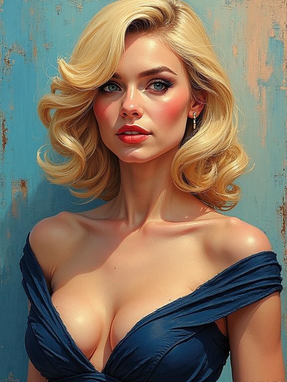 Impressionist style portrait of a blonde woman. Features include smoky eye makeup and lipstick, wearing a plunging neckline top. Vivid colors and bold brushstrokes are present, showcasing 3D textures and multiple paint layers.