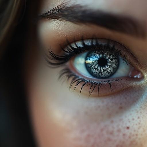Close-up of a beautiful Caucasian woman's eye. Hypnotic black and white spiral contact lenses create a striking effect. Focus on details of the iris and eyelashes.