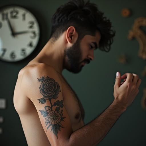 Close-up of a side view of a young adult man looking at a tattoo on his forearm. The tattoo features a rose and the name 'ARCHANA'. A clock is visible on the wall behind him.