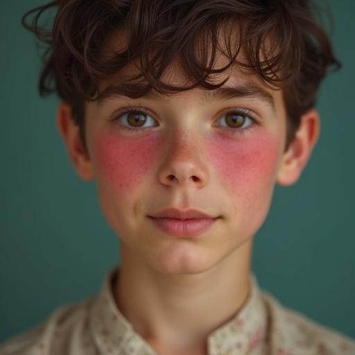 A young man with a heart-shaped face and casual attire. The background is teal with natural light creating a gentle ambiance. The expression is calm and inviting.