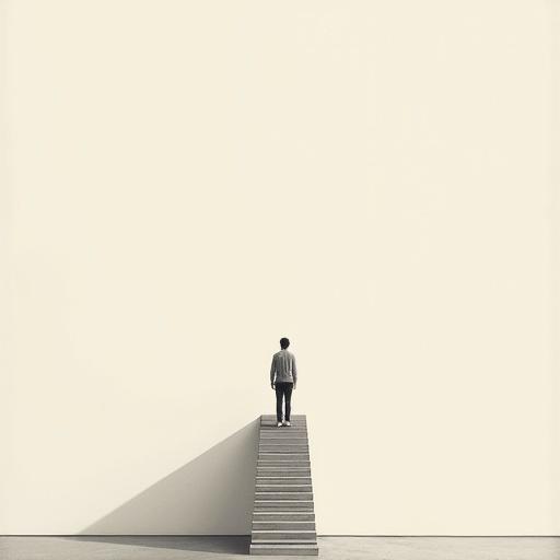 A tiny human figure is positioned at the end of a staircase. The scene features oversized objects and a vast amount of negative space. The background is clean and the aesthetic is contemporary. A subtle grain texture adds depth to the modern poetic tone.