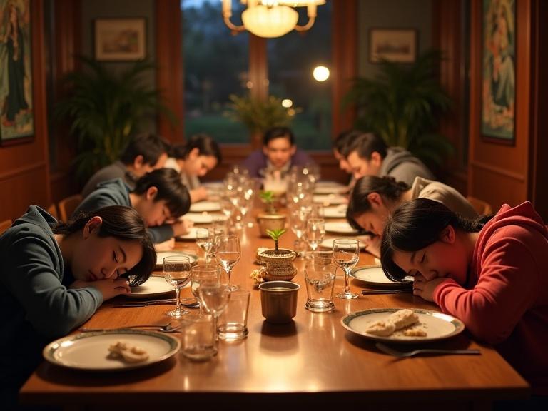 Ultra realistic photo of Asian guests laying asleep at the dining table with empty plates and glasses