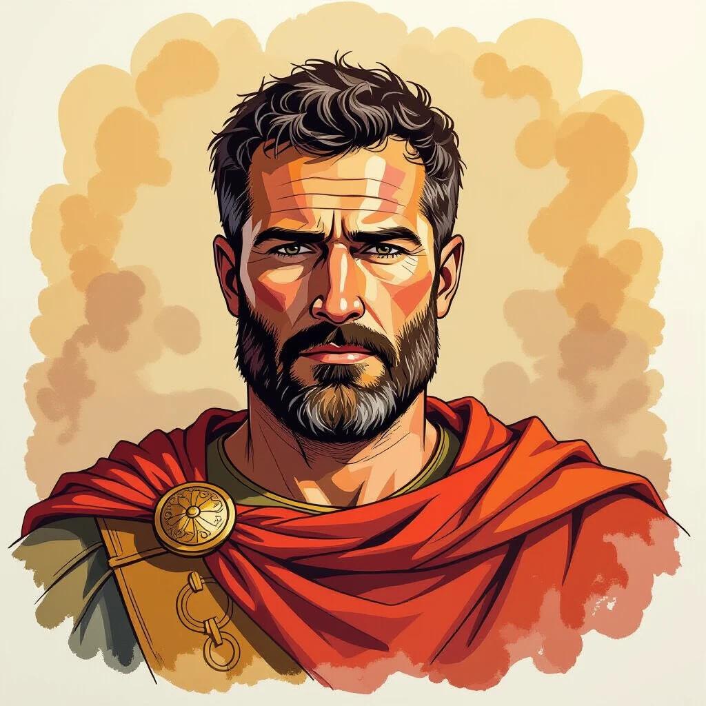Marker illustration of Hannibal Barca's portrait. Depicts a bearded man wearing a red cloak with a serious expression. Background uses warm colors to enhance the character.