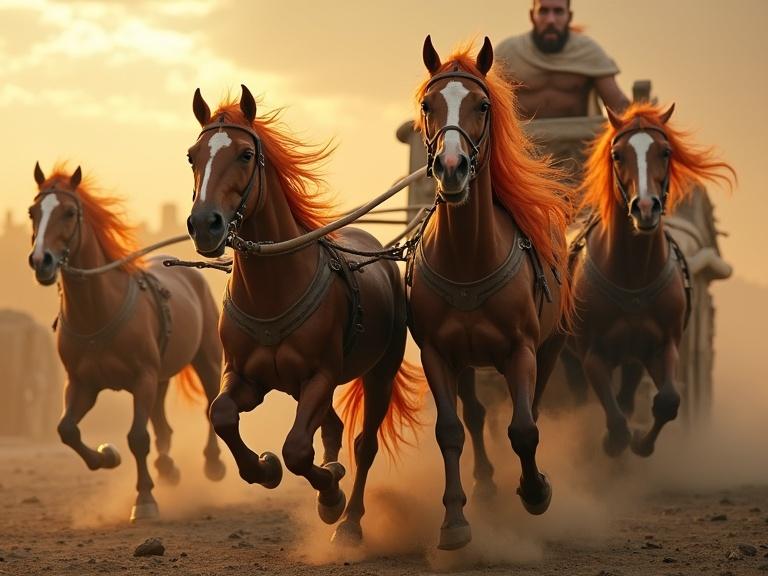 Four horses with fiery manes pull a chariot, not visible. Horses show frightened expressions. Setting appears dramatic and urgent. Lighting enhances dynamic motion.