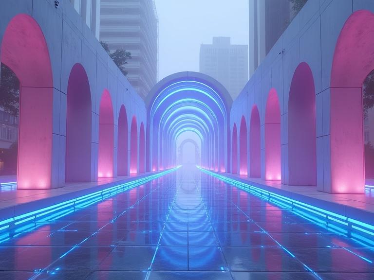 Futuristic urban scene with glowing arches. Soft purple and cyber blue tones illuminated. Sleek surfaces reflecting neon lights. Digital grid patterns in the horizon. Serene and sophisticated atmosphere.