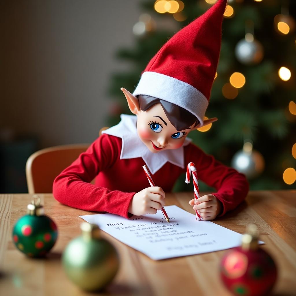 Elf at wooden table writes on decorative Christmas baubles. Elf has red outfit with pointed hat. Elf holds candy cane and writes note to Primary 3. Scene embodies childhood magic and Christmas cheer.