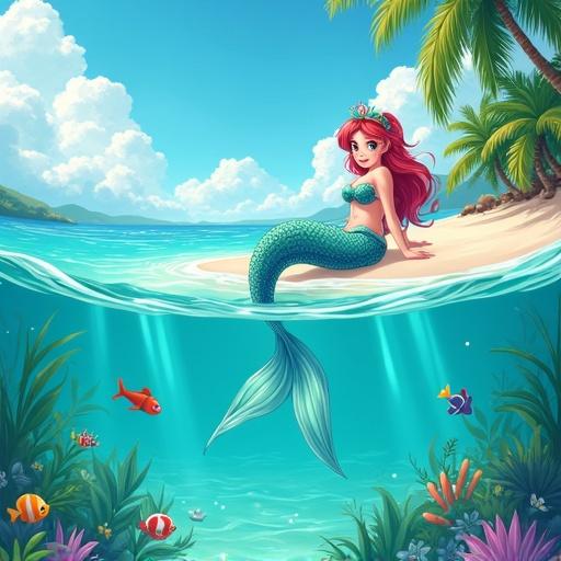 Anime style tropical ocean scene. Cheerful mermaid resting in shallow turquoise water near white sand beach. Split view showing above and below waterline. Above: sunny sky with fluffy clouds and palm trees. Below: mermaid’s shimmering tail, colorful fish, sunbeams filtering through clear water. Bright, vibrant colors. Cel-shaded anime style. Peaceful and magical summer mood.