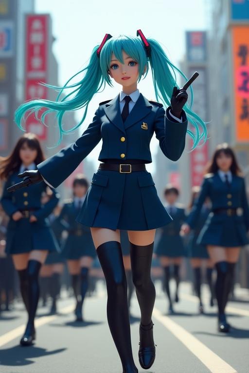 Hatsune Miku in a navy blue police uniform with light blue shirt. She carries a police baton. Performing in a crowd of Japanese women. Street setting. Singing and dancing. Wearing knee-length skirt and black stockings.