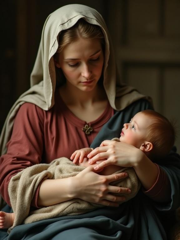 The Virgin Mary is depicted in a serene moment with the baby Jesus. They share a gentle gaze and connection. Mary wears a modest dress and head covering. The baby is swaddled comfortably. The background features soft, blurred earthy tones.