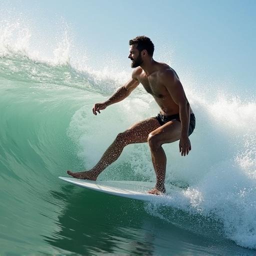 Surfer riding a wave in bright sunlight. Ocean scene with turquoise water and white foam. Emphasis on athleticism and adventure.