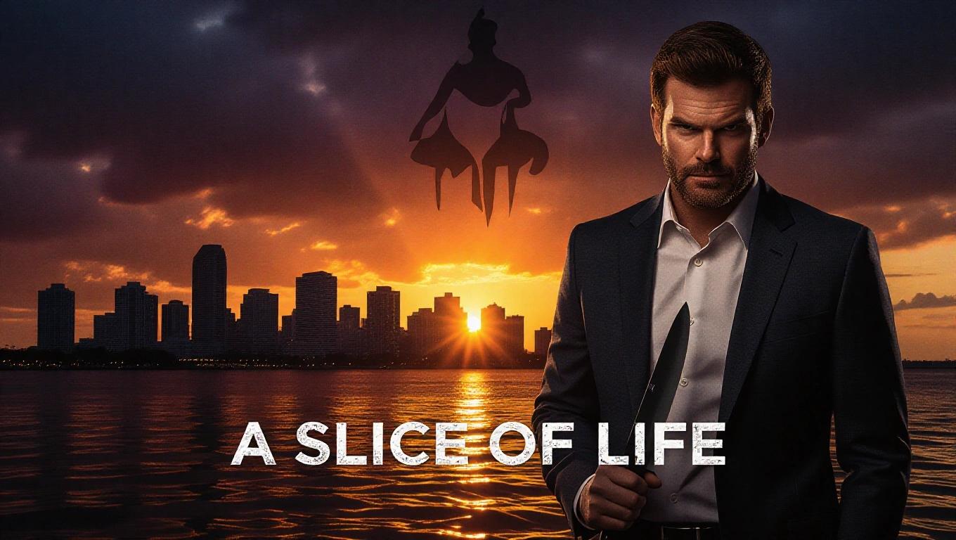 Very dark Miami sunset cityscape with an ominous silhouette holding a knife. Album cover titled A Slice Of Life.