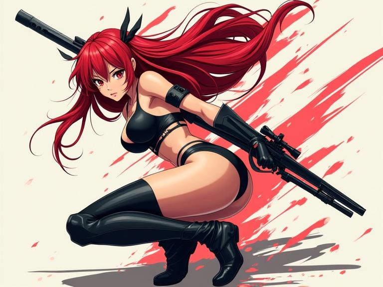 Dynamic anime-style assassin character in action pose wears a sleek black bikini. The character has flowing red hair and is crouching with a weapon ready. The background features stylized geometric shapes and motion lines for speed effects. The illustration follows modern anime style and clean vector art aesthetics.