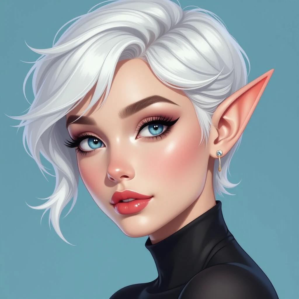 High-quality portrait of an elf with pale skin and a white pixie hair. Features blue eyes. The style is comic book with smooth lines and shading.