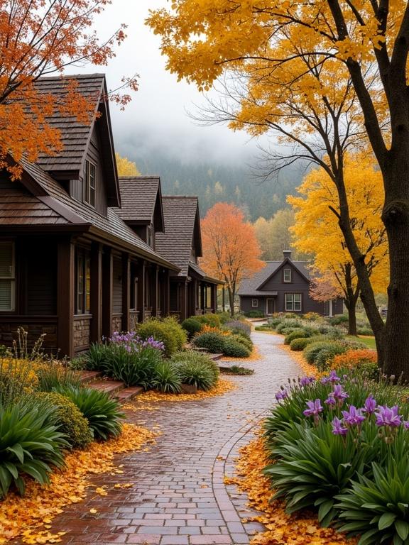 Autumn countryside scene featuring a winding pathway bordered by cozy wooden cottages. The path is adorned with fallen yellow leaves. Vibrant trees display a mix of green, yellow, and orange foliage. In the background, foggy hills create a dreamy effect. Rich plants enhance the scenery with purple blooms. A wooden bench invites rest.
