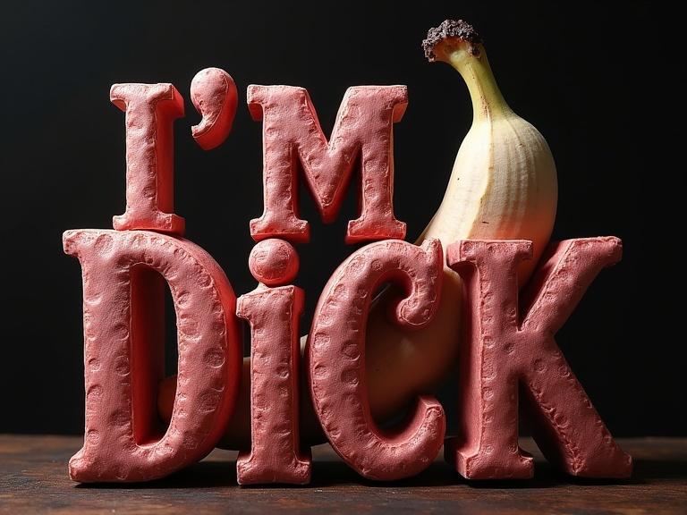 Ornate capital letters I'M DICK on a rich dark background. Artistic representation of banana form with ultrarealistic pink skin.