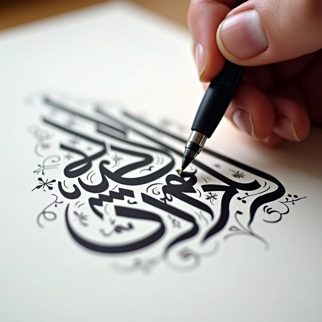 Close-up view of hand using pen to write Arabic calligraphy. Bold black ink on white paper. Hand is steady and focused on letters. Designs surround the main calligraphy. Soft lighting enhances the strokes.