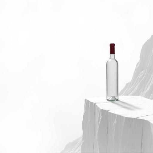 Design hyper-realistic glass bottle at volcanic cliff edge. Bottle has no label, smooth surface with reflections. Deep wine-red cap tightly sealed. Silhouette follows golden ratio with an elongated neck. Slight asymmetry in shadows for dynamism. Centered in negative space for elegance and luxury. Background is stylized vector volcanic cliff in bold lines. Cliff drops to white void, symbolizing infinity. Pure white backdrop evokes calm. Cliff contours hint at golden ratio. Bottle dominates scene, conveys preciousness.