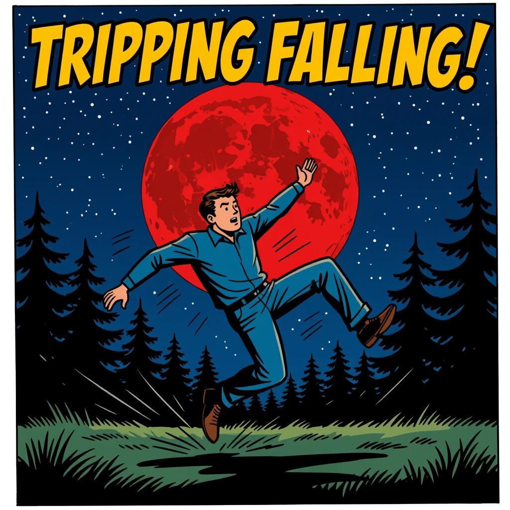 Man trips and falls in a comic book style. Sky filled with stars and a large reddish full moon. Pine forest landscape surrounds the scene.