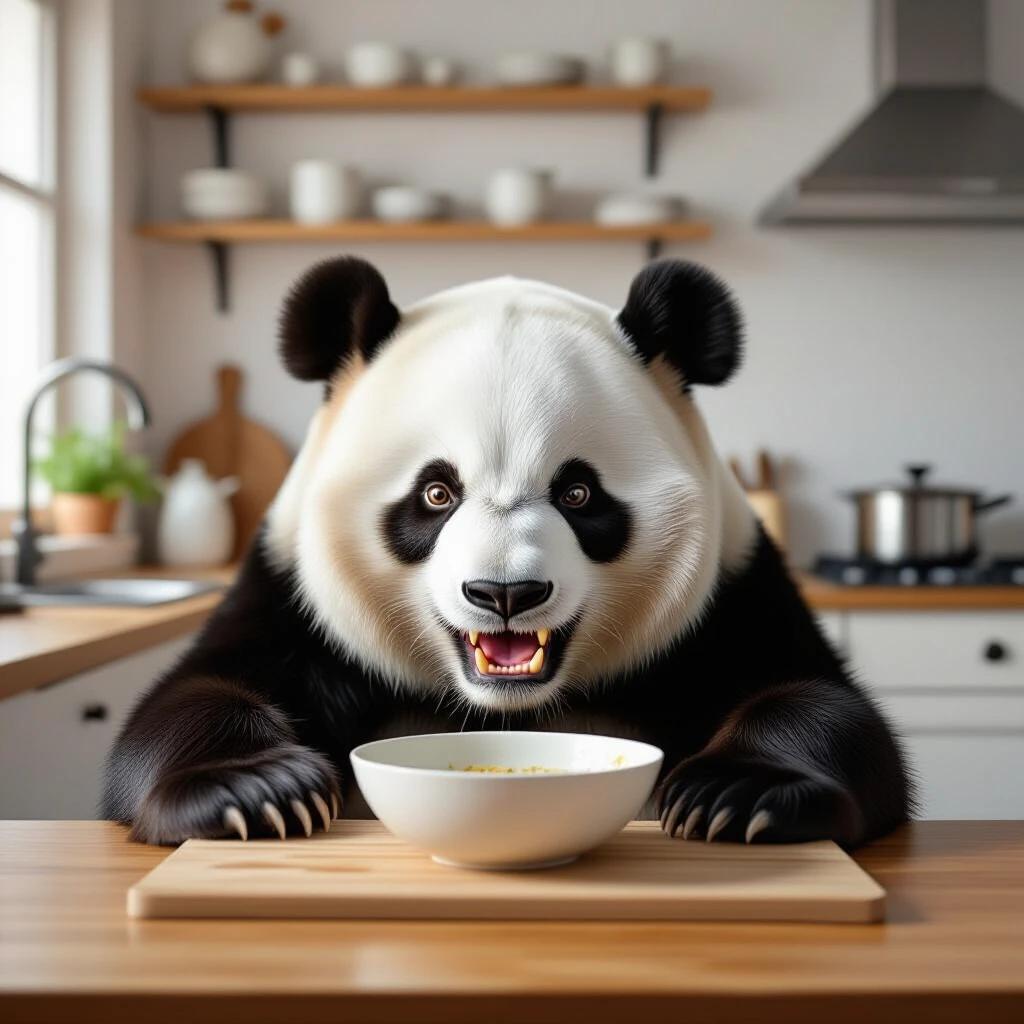 Realistic depiction of a panda in a kitchen setup. The panda appears angry while sitting at a wooden table. The atmosphere is light and airy with modern kitchen elements. The focus is on the panda and the bowl in front of it.