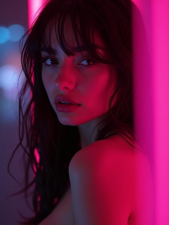 Instagram fashion story photo of a young woman with wet long black hair posing seductively at the camera. Ethereal lighting with vibrant pink and magenta neon rim light. Soft light on her face. Dark background with abstract neon flares. Focused and sharp details.