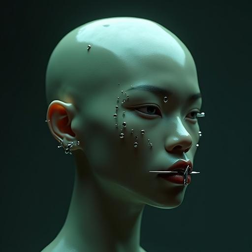 Hyper-realistic 3D floating head of a futuristic Burmese male. No neck or shoulders. Head only, suspended mid-air. Completely bald. Ultra-glossy lips with deep natural hue. Silver piercings including studs above brows, silver bars on ears, and horizontal bar through lower lip. Vertical spike under chin. Reflective jade-like skin. Ambient rim light and cinematic highlights. Dark sci-fi background. Detailed ArtStation style using Octane Render and Unreal Engine aesthetic.