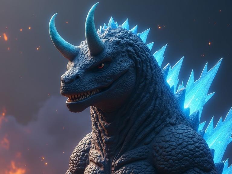 3D illustration of an imposing Space Godzilla. Two thick short horns on its shoulders. Blue spikes along the back. Intense expression. Dark textured skin. Background with hints of fire and smoke.
