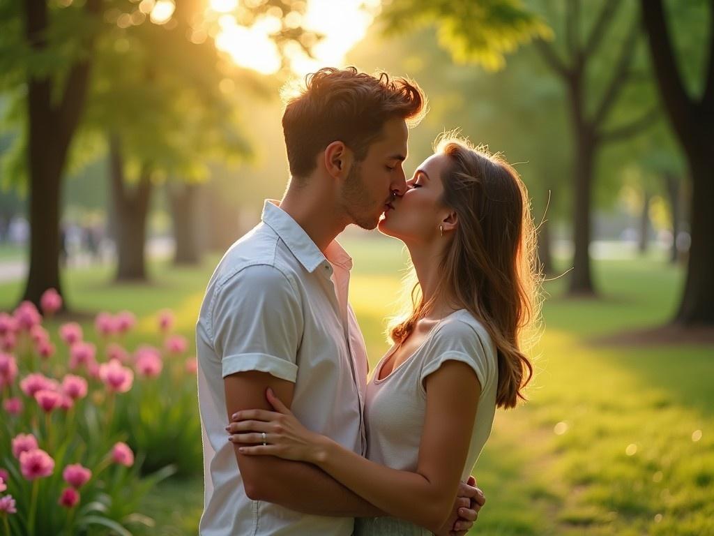 A couple is sharing a romantic kiss in a lush green park. The scene is illuminated by soft daylight filtering through the trees, creating a warm and inviting atmosphere. Flowers bloom around them, adding color to the tranquil setting. This intimate moment captures the essence of young love and romance. The couple appears happy and connected, showcasing their affection for each other in a natural environment.