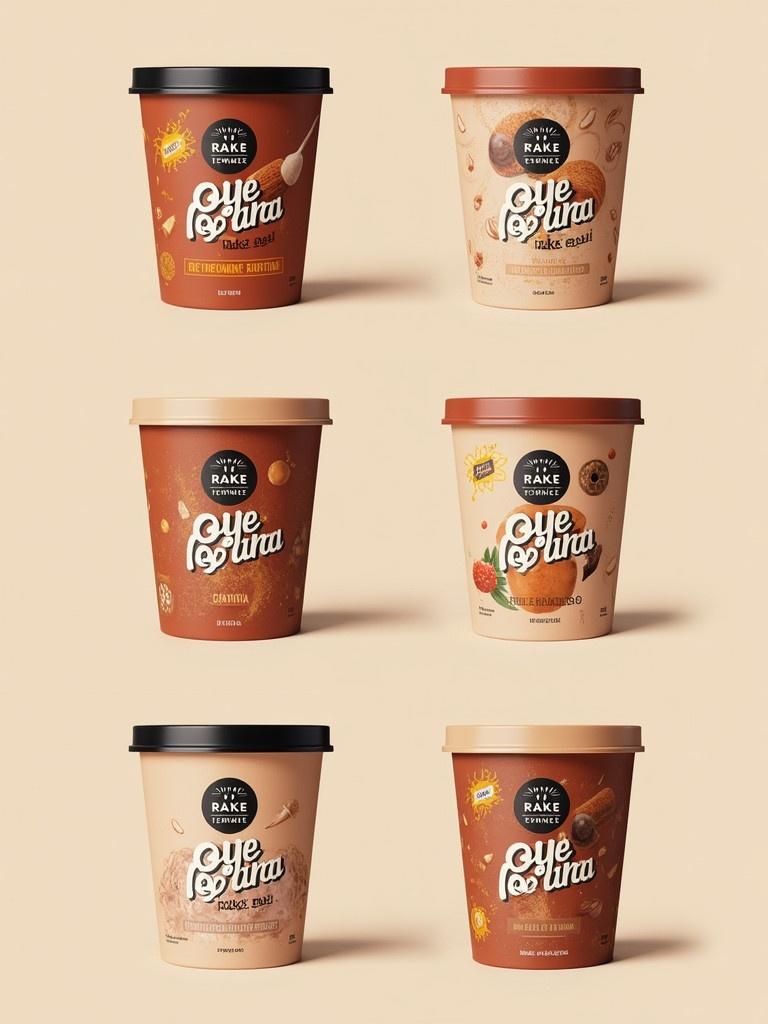 Create ice cream packaging designs for Oye Kake featuring a charming traditional village vibe. Use earthy terracotta colors with subtle patterns. The design should appear rustic but clean and minimalistic.