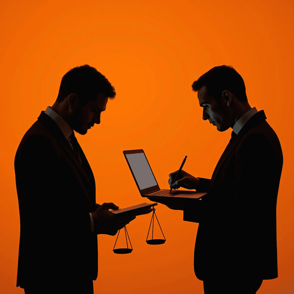 Two silhouetted men in suits, one holding scales and a tablet, the other writing on a laptop, against a vibrant orange background.